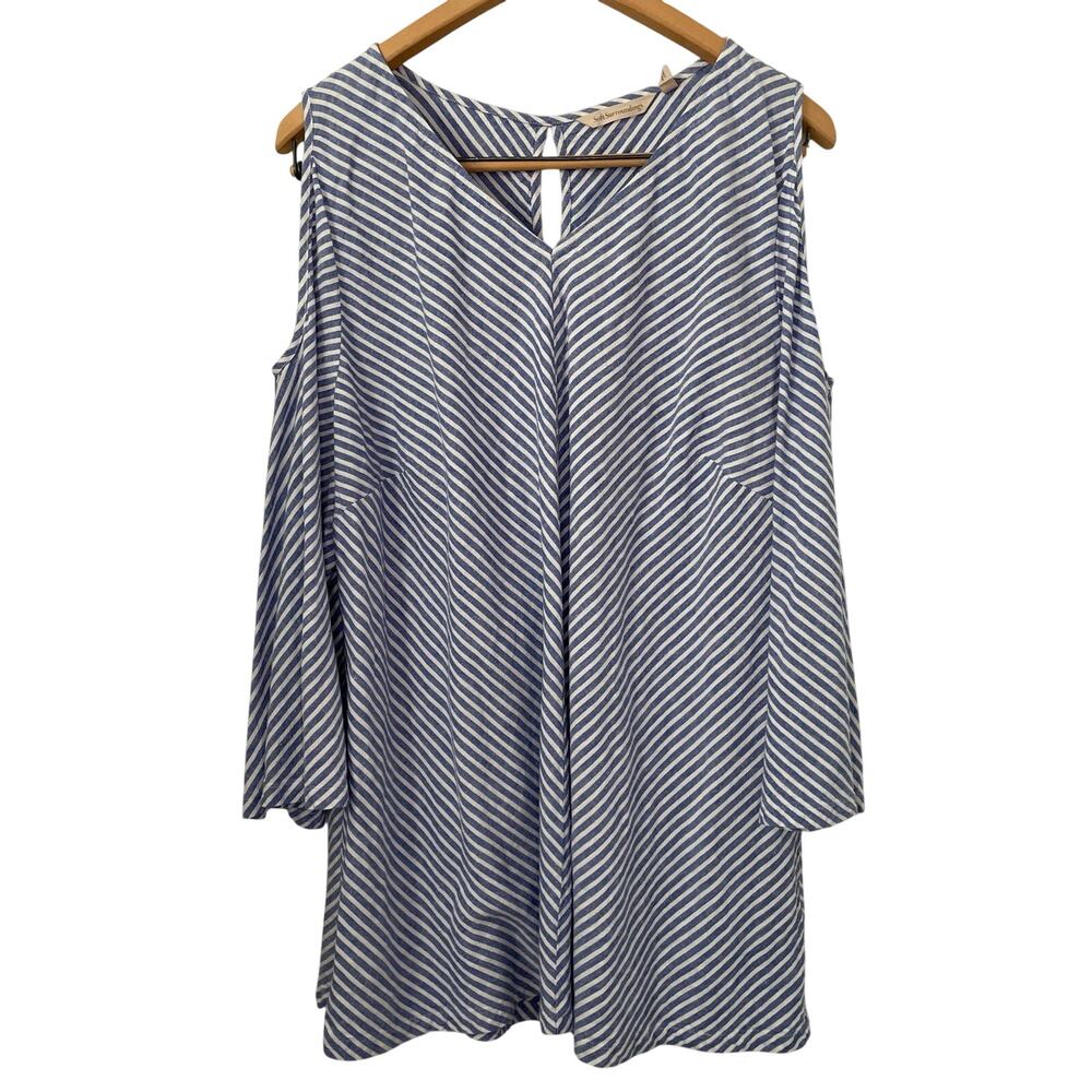 Soft Surroundings 1X Blue White Striped Linen Rayon Tunic Top Relaxed Coastal